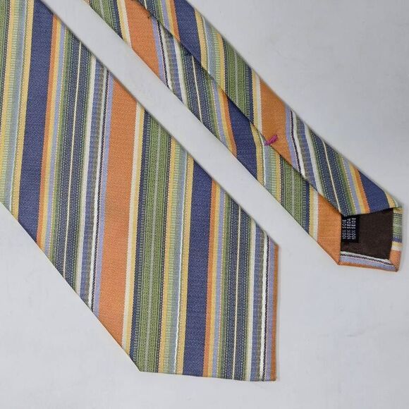 TAILORBYRD HANDMADE ITALY SILK TIE PASTEL ORANGE GREEN BLUE STRIPE 4" X 60" - Picture 1 of 3